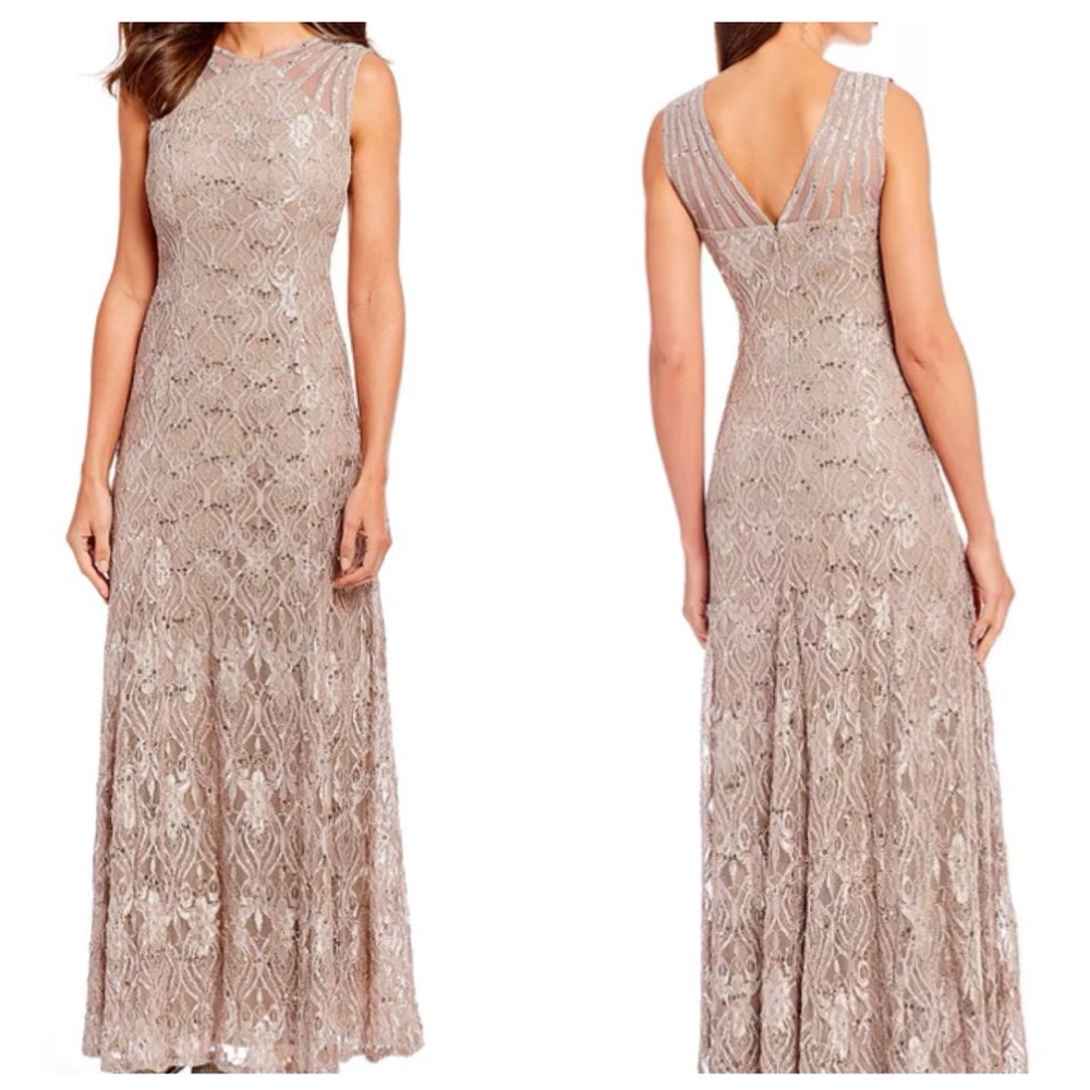 R & M Illusion Shoulder Champagne Sleeveless Lace Sheath Gown Size 8